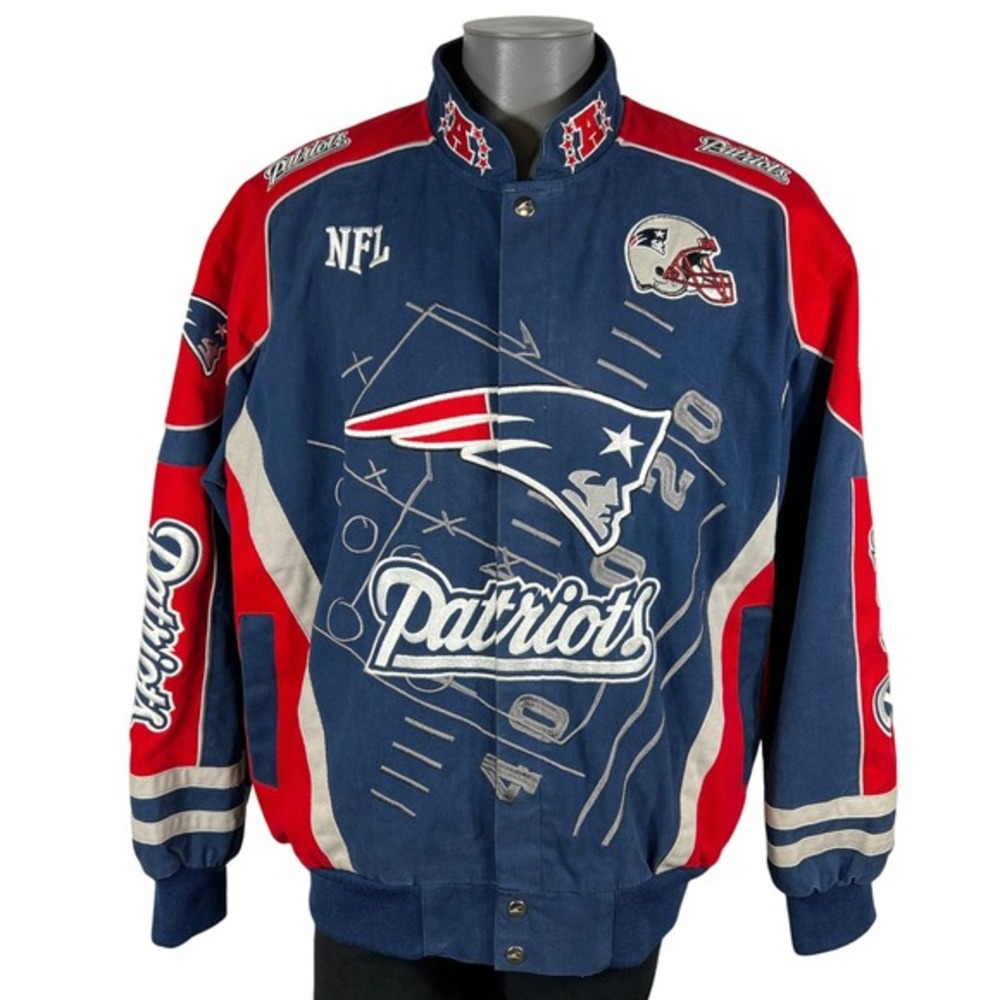 NFL New‎ England Patriots Bomber Jacket Large Embroidered Canvas Coat Red Blue